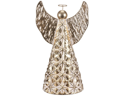 Vánoční figurka andělíček kovový 43 cm na postavení zlatý Dekorativní anděl z kovu s geometrickým vzorem jako vánoční dekorace