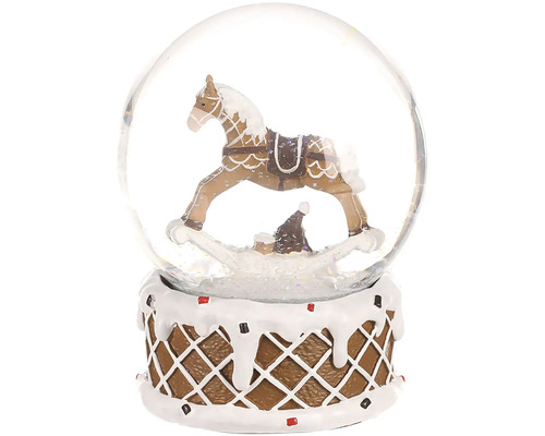 Sněžítko s houpacím koníkem polyresin hnědý s bílým zdobením Sněhová koule s figurkou houpacího koně