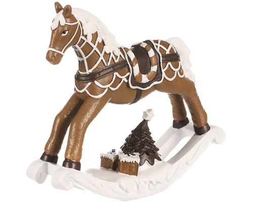 Malá vánoční figurka houpací koník polyresin figurka hnědo-bílá Houpací kůň s vánočním stromkem a dárky jako dekorace