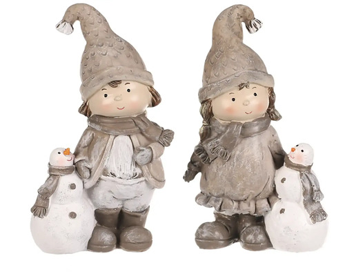 Vánoční figurka dítě se sněhulákem polyresin hnědá mix druhů 1 ks Dvě dekorativní zimní figurky se sněhulákem