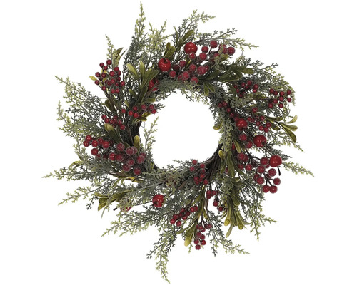 Umělý vánoční věnec ø 50 cm červené bobule a jablíčka Dekorativní věnec se zelenými větvemi a červenými bobulemi jako sezónní dekorace