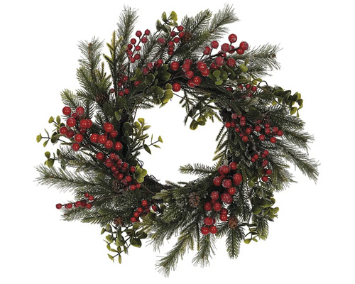 Umělý vánoční věnec zelený ø 50 cm šišky a červené bobule Dekorativní vánoční věnec s červenými bobulemi a větvemi jedlí.