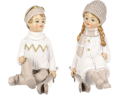 Vánoční figurky chlapce a dívky s lyžemi sedící polyresin béžová 1 ks Dekorativní zimní figurky, chlapec a dívka na saních