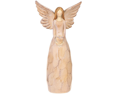 Vánoční figurka andělíček se zlatým srdcem polyresin imitace dřeva béžový Dekorativní andělská figurka se srdcem