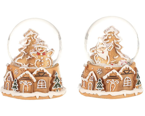Sněžítko na perníkových domcích polyresin mix 2 druhů cena za 1 ks Dvě sněhové koule s perníkovou chaloupkou a perníkovými figurkami