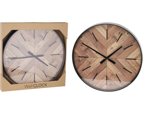 Nástěnné hodiny s dřevěným vzorem a černým rámem