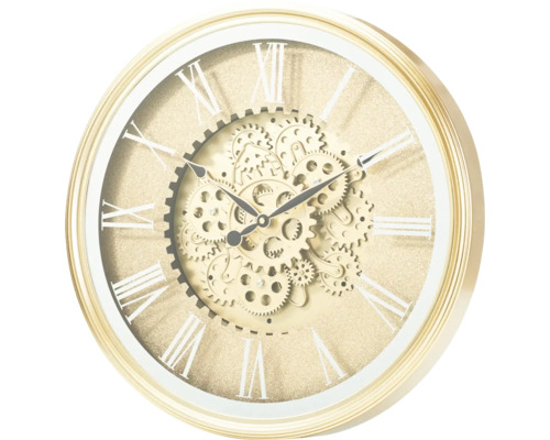 Nástěnné hodiny s viditelným mechanismem a římskými číslicemi