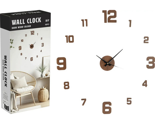 Nástěnné hodiny k vlastnímu navrhnutí s tmavým dřevěným vzhledem a obalem.