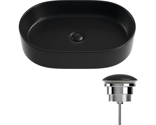 Černé keramické umyvadlo na desku s odtokovou armaturou