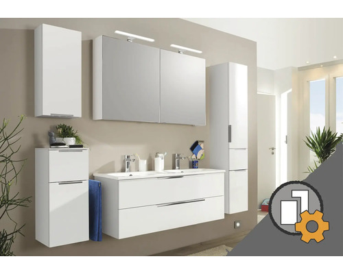 Koupelnový nábytek Jungborn VENTUNO na míru Moderní koupelnový komplet s bílými skříňkami, dvojitým umyvadlem a zrcadlovou skříňkou s osvětlením.