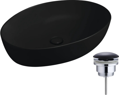 Černé keramické umyvadlo na desku s odtokovou soupravou