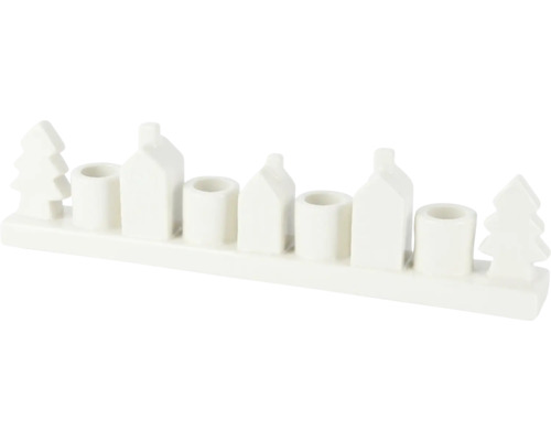 Svícen pro 4 svíčky zimní vesnička porcelánový 34 x 8 cm bílý Bílý svícen s designem domu a stromu