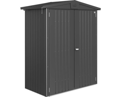 Kovová zahradní skříň s dvoukřídlými dveřmi a sedlovou střechou