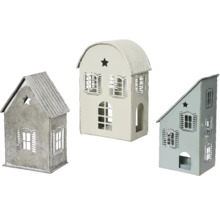 Dekorativní kovové lucerny ve tvaru domu, tři kusy