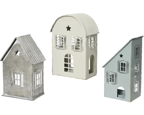 Dekorativní kovové lucerny ve tvaru domu, tři kusy