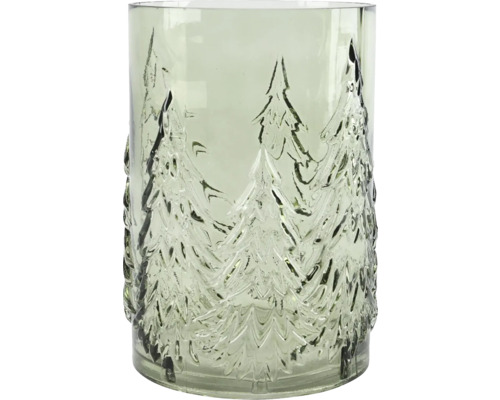 Váza skleněná Ø 16 x 22 cm zelená Skleněná lucerna s reliéfem vánočního stromku