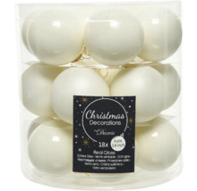 Průhledná skleněná nádoba s 18 bílými skleněnými vánočními koulemi, každá o průměru 4 cm