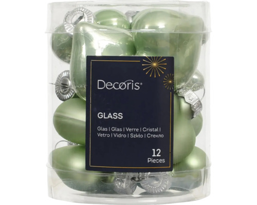 Dvanáct zelených skleněných vánočních koulí v průhledné nádobě