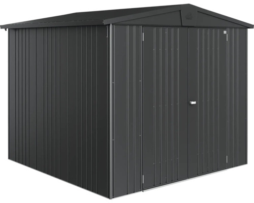 Kovová zahradní bouda s dvoukřídlými dveřmi pro uskladnění zahradního nářadí