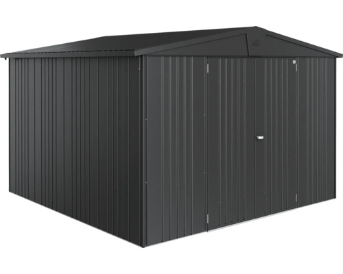 Kovový zahradní domek s dvoukřídlými dveřmi do zahrady