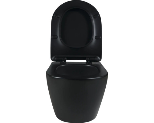 Černá hlubokosplachovací toaleta s otevřeným záchodovým prkénkem