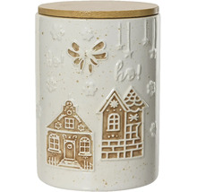 Keramická dóza s dřevěným víkem a reliéfem perníkových chaloupek