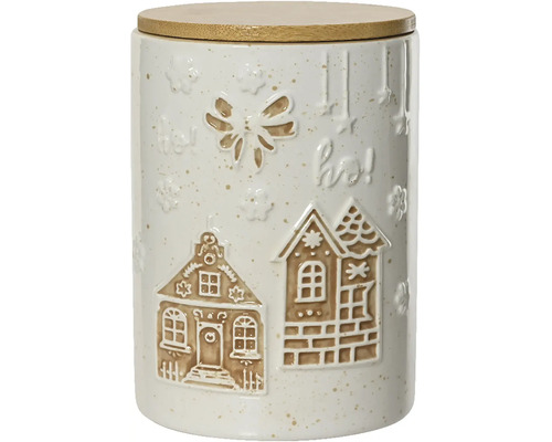 Keramická dóza s dřevěným víkem a reliéfem perníkových chaloupek