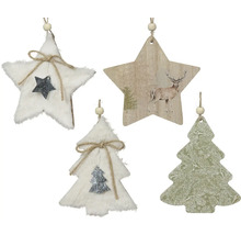 Dekorativní vánoční přívěsky ve tvaru hvězdy a vánočního stromku, ze dřeva a textilu, k dekoraci