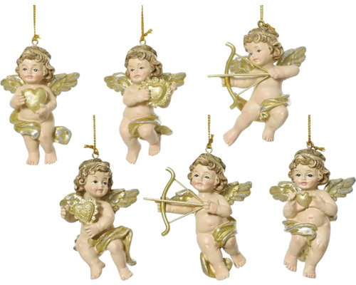 Šest andělských přívěsků se srdcem a šípem pro vánoční dekorace