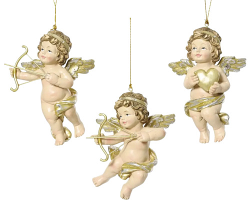 Tři andělé jako ozdoby na vánoční stromeček se šípem a lukem nebo srdcem