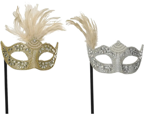 Dvě masky s peřím a kamínky na karneval