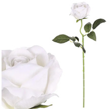 Dekorativní umělá růže, bílý květ se zeleným stonkem a listy