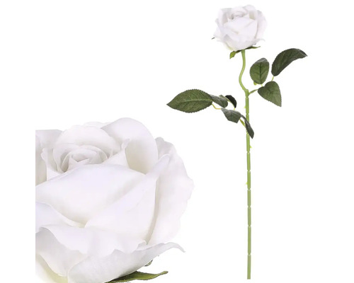 Umělá květina růže bílá 50 cm Dekorativní umělá růže, bílý květ se zeleným stonkem a listy