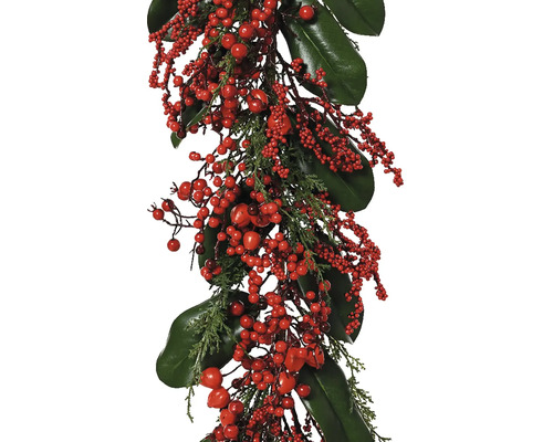 Dekorativní girlanda s červenými bobulemi a zelenými listy pro slavnostní výzdobu