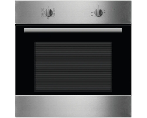 Vestavná trouba z nerezové oceli s černými skleněnými dvířky a otočnými knoflíky