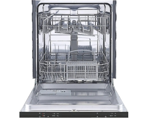 Otevřená myčka s kovovým vnitřkem, koši na nádobí a ovládacím panelem