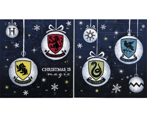 Adventní kalendář Harry Potter s erby kolejí Zmijozel, Mrzimor, Nebelvír a Havraspár
