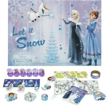 Adventní kalendář Disney Frozen s motivy Elsy a Anny, razítky, samolepkami, omalovánkami a kancelářskými potřebami