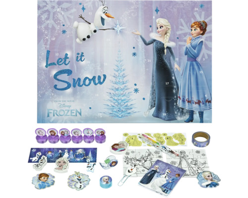 Adventní kalendář Disney Frozen s motivy Elsy a Anny, razítky, samolepkami, omalovánkami a kancelářskými potřebami