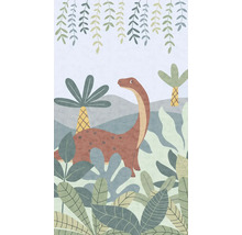 Ilustrace dinosaura s rostlinami a palmami