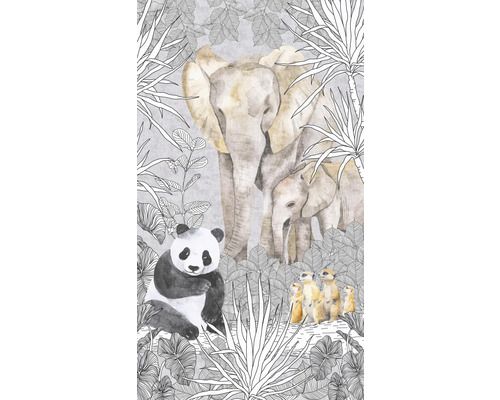 Vliesová fototapeta Lilly & Luis 77070-1 Uni 159 x 280 cm Ilustrace sloní rodiny, pandy a surikat v džungli