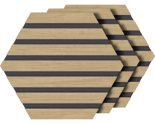 Tři šestiúhelníkové akustické panely s dřevěnou strukturou a tmavými pruhy
