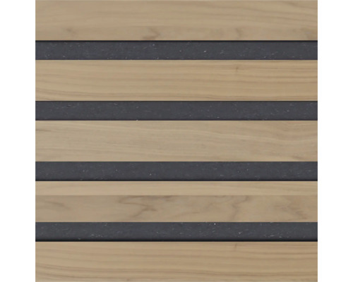 Dřevěný panel s úzkými, tmavými akustickými panely