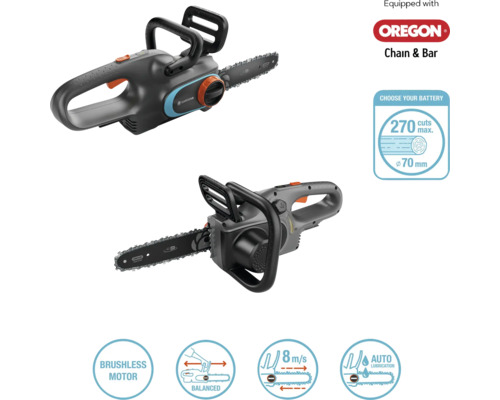 Dva pohledy na akumulátorovou pilu Gardena s řetězem a lištou Oregon a symboly pro bezkartáčový motor, vyvážený design, rychlost řetězu 8 metrů za sekundu a automatické mazání.