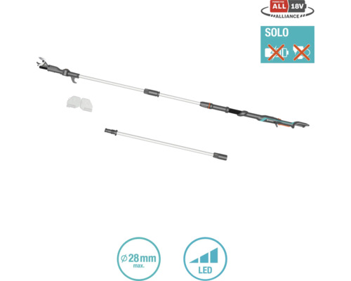 Nástavec prořezávače Gardena s logem Power for All 18V Alliance, symbolem Solo, symbolem LED a maximálním průměrem 28 mm