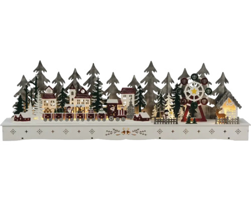 Dřevěná vánoční věsnička LED baterie Dekorativní dřevěná vánoční krajina s domy, stromy, železnicí a ruským kolem