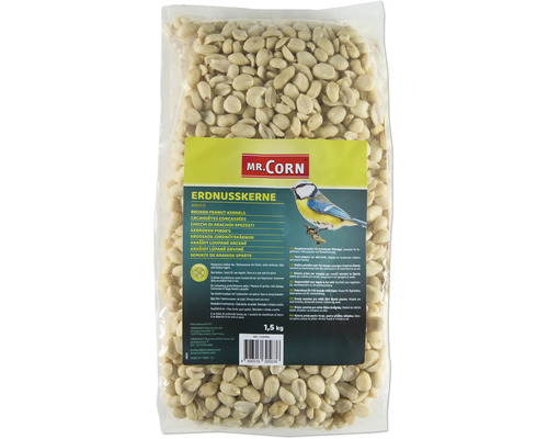 Celoroční krmivo pro volně žijící ptáky Mr. Corn arašídová jádra 1,5 kg Drcené arašídy v 1,5 kilogramovém balení pro volně žijící ptáky