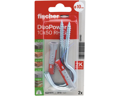 Fischer DuoPower hmoždinky a šroubovací háky, 10 x 50 milimetrů, balení po dvou kusech
