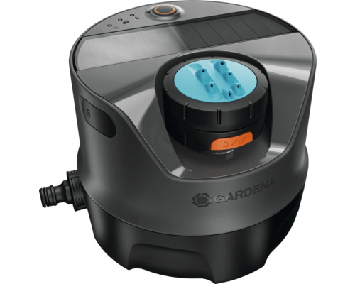 Solární zavlažovací počítač Gardena se solárním panelem a otočným ovladačem pro automatické zavlažování rostlin.