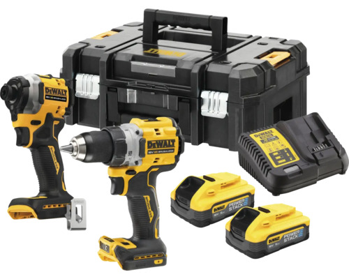 Aku bezuhlíková kombo sada DeWalt 18V DCK2051H2T, Příklepová vrtačka DCD800 a Rázový utahovák DCF850 Sada akumulátorových šroubováků s kufříkem na nářadí, nabíječkou a akumulátory od společnosti Dewalt